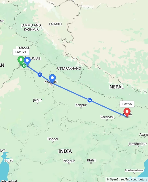 Route map showing distance and travel time from Fazilka, India to Patna, India
