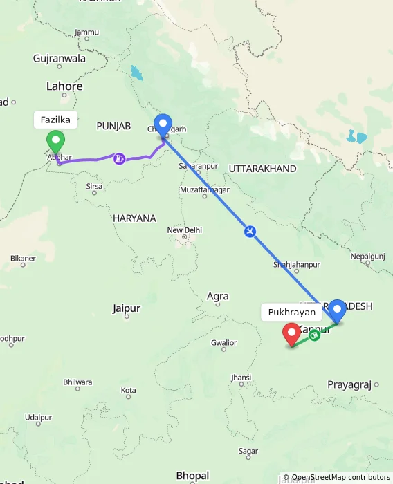 Route map showing distance and travel time from Fazilka, India to Pukhrayan, India