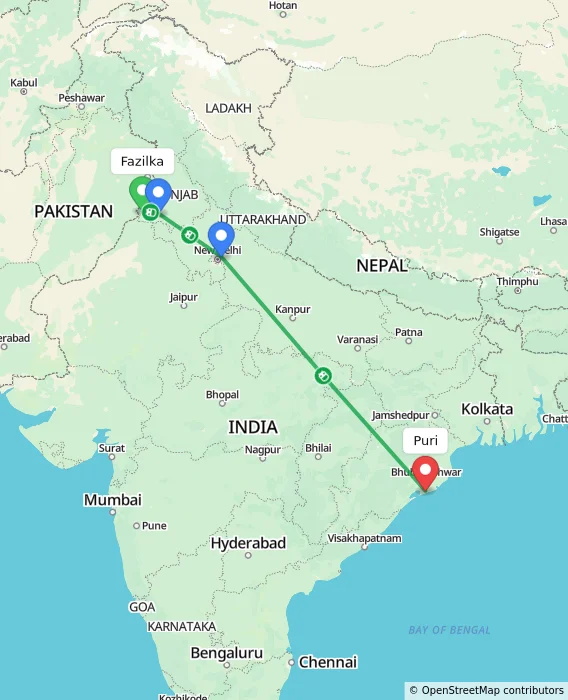 Route map showing distance and travel time from Fazilka, India to Puri, India
