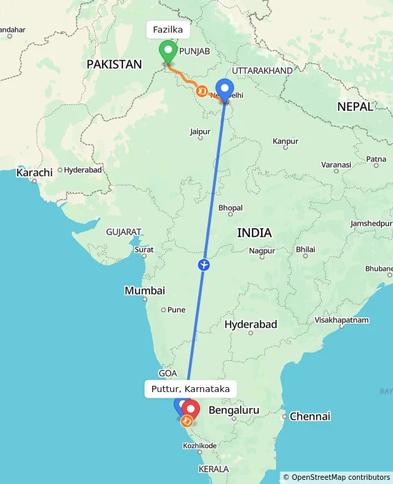 Route map showing distance and travel time from Fazilka, India to Puttur, Karnataka, India