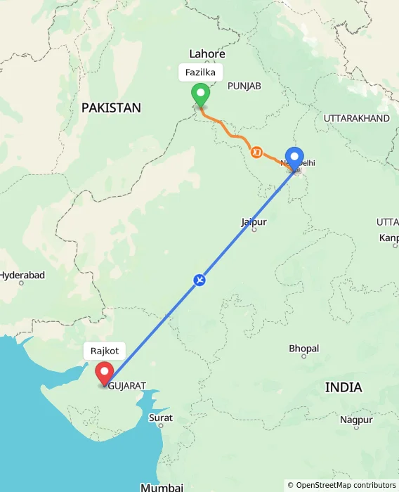 Route map showing distance and travel time from Fazilka, India to Rajkot, India