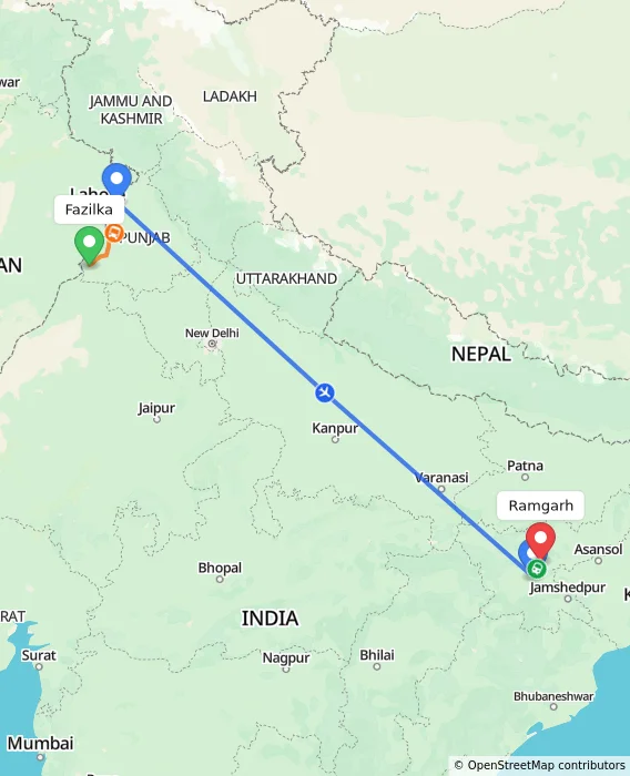Route map showing distance and travel time from Fazilka, India to Ramgarh, India