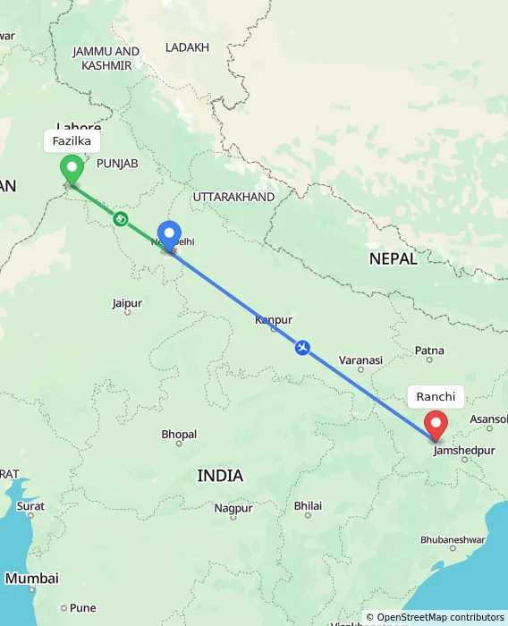 Route map showing distance and travel time from Fazilka, India to Ranchi, India
