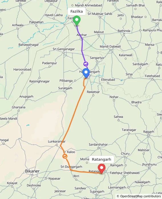 Route map showing distance and travel time from Fazilka, India to Ratangarh, India