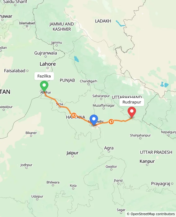 Route map showing distance and travel time from Fazilka, India to Rudrapur, India