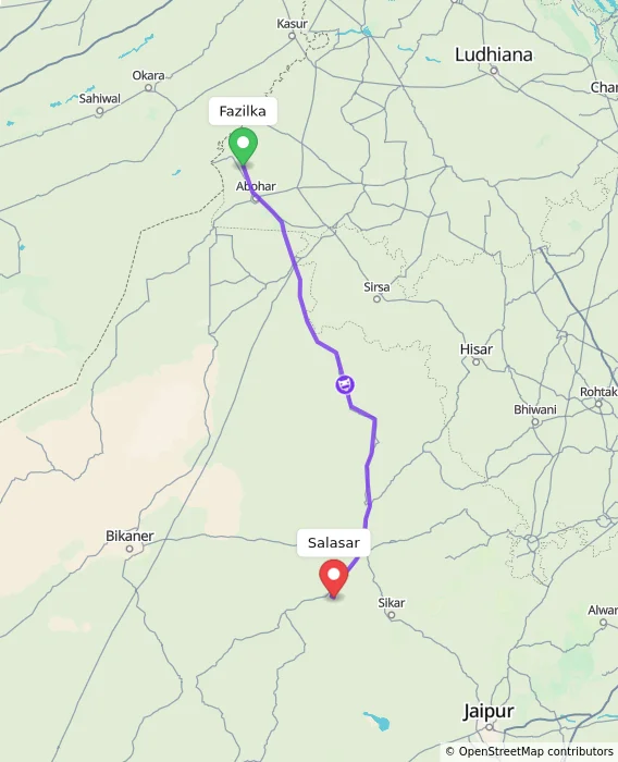 Route map showing distance and travel time from Fazilka, India to Salasar, India