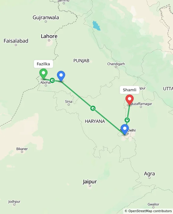 Route map showing distance and travel time from Fazilka, India to Shamli, India