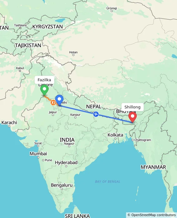 Route map showing distance and travel time from Fazilka, India to Shillong, India