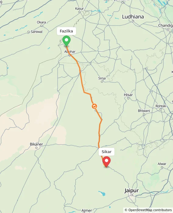 Route map showing distance and travel time from Fazilka, India to Sikar, India