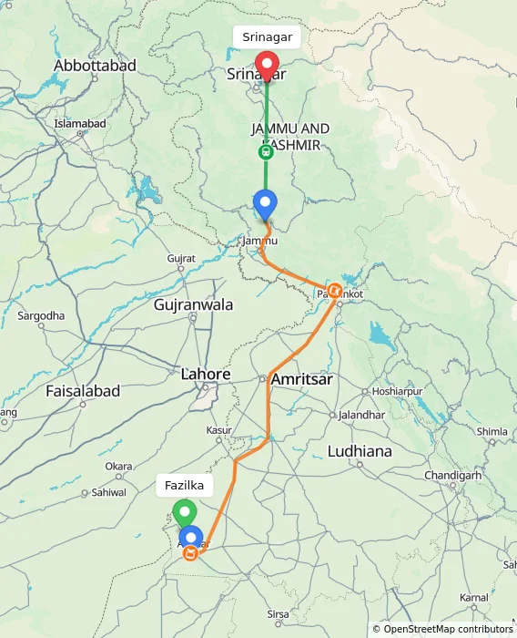 Route map showing distance and travel time from Fazilka, India to Srinagar, India