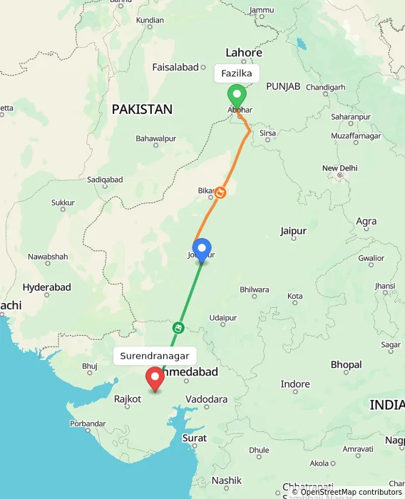 Route map showing distance and travel time from Fazilka, India to Surendranagar, India