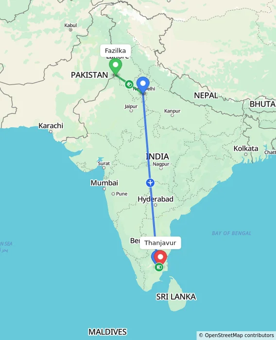 Route map showing distance and travel time from Fazilka, India to Thanjavur, India