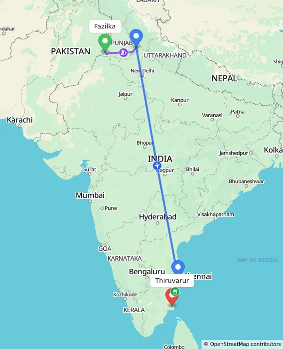 Route map showing distance and travel time from Fazilka, India to Thiruvarur, India