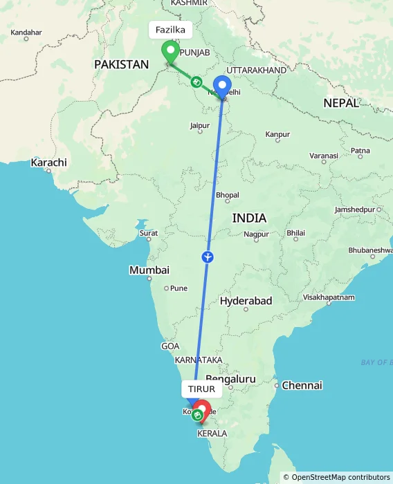 Route map showing distance and travel time from Fazilka, India to TIRUR, India
