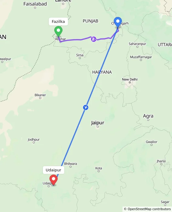 Route map showing distance and travel time from Fazilka, India to Udaipur, India