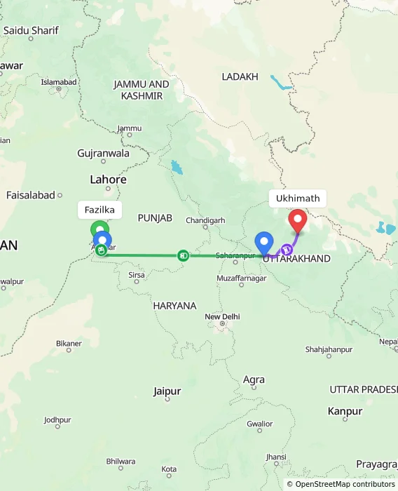 Route map showing distance and travel time from Fazilka, India to Ukhimath, India