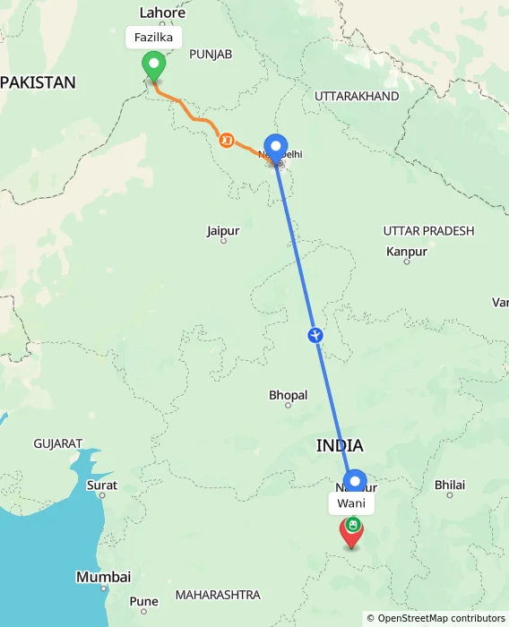 Route map showing distance and travel time from Fazilka, India to Wani, India