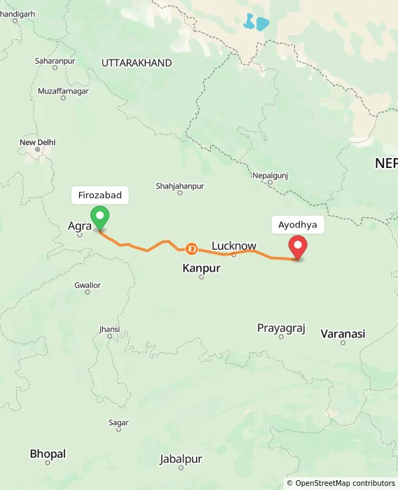 Route map showing distance and travel time from Firozabad, India to Ayodhya, India