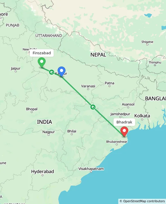 Route map showing distance and travel time from Firozabad, India to Bhadrak, India