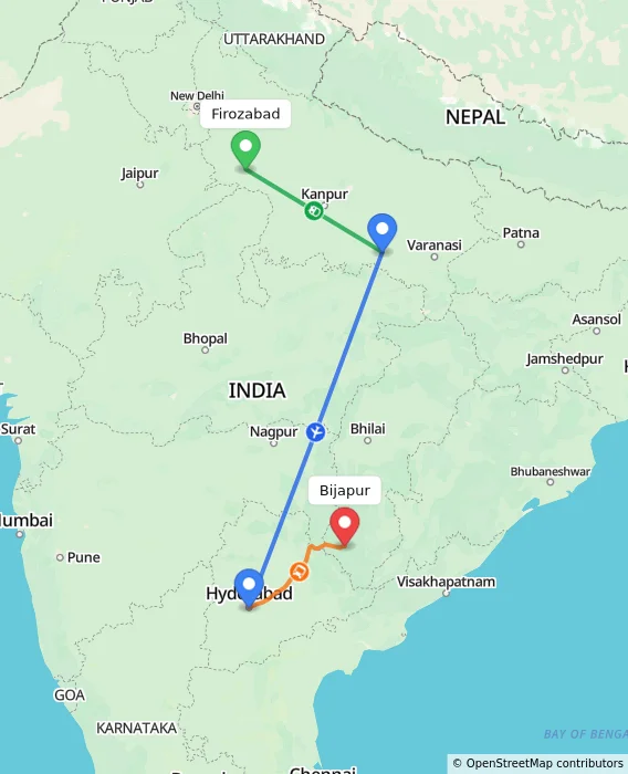 Route map showing distance and travel time from Firozabad, India to Bijapur, India