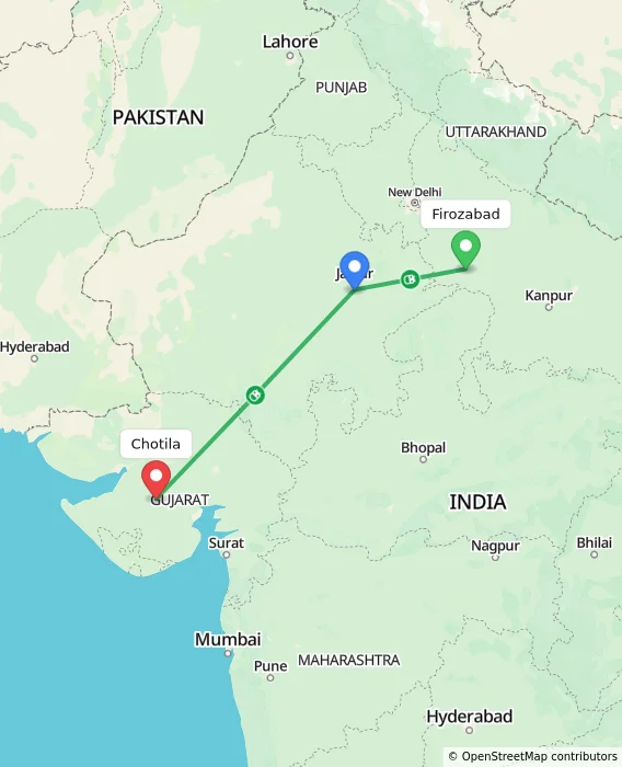 Route map showing distance and travel time from Firozabad, India to Chotila, India