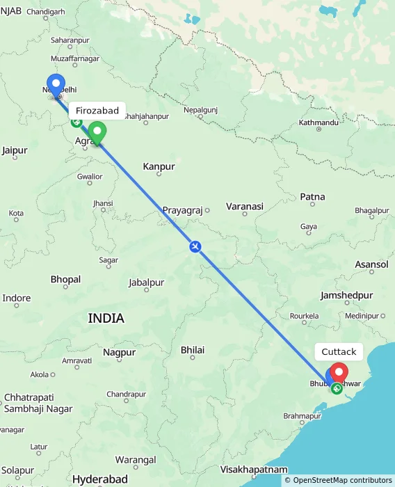 Route map showing distance and travel time from Firozabad, India to Cuttack, India