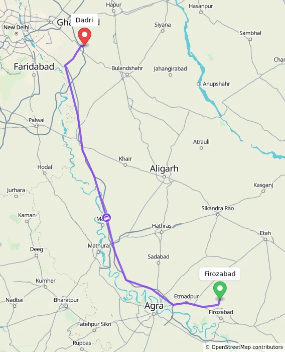 Route map showing distance and travel time from Firozabad, India to Dadri, India