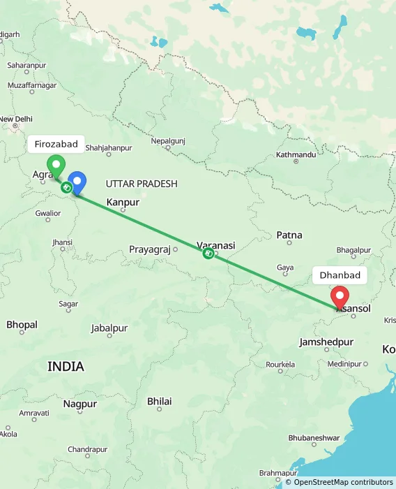 Route map showing distance and travel time from Firozabad, India to Dhanbad, India
