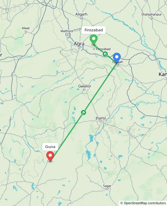 Route map showing distance and travel time from Firozabad, India to Guna, India