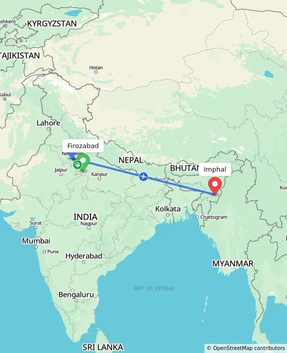 Route map showing distance and travel time from Firozabad, India to Imphal, India