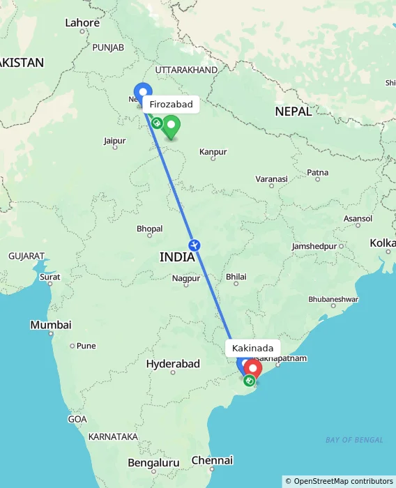 Route map showing distance and travel time from Firozabad, India to Kakinada, India