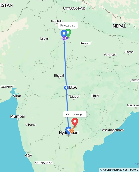 Route map showing distance and travel time from Firozabad, India to Karimnagar, India