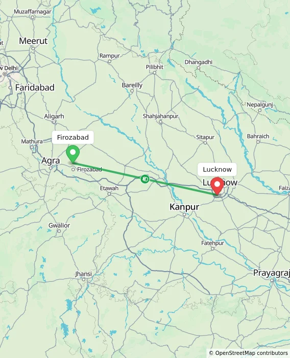 Route map showing distance and travel time from Firozabad, India to Lucknow, India