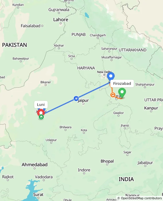 Route map showing distance and travel time from Firozabad, India to Luni, India