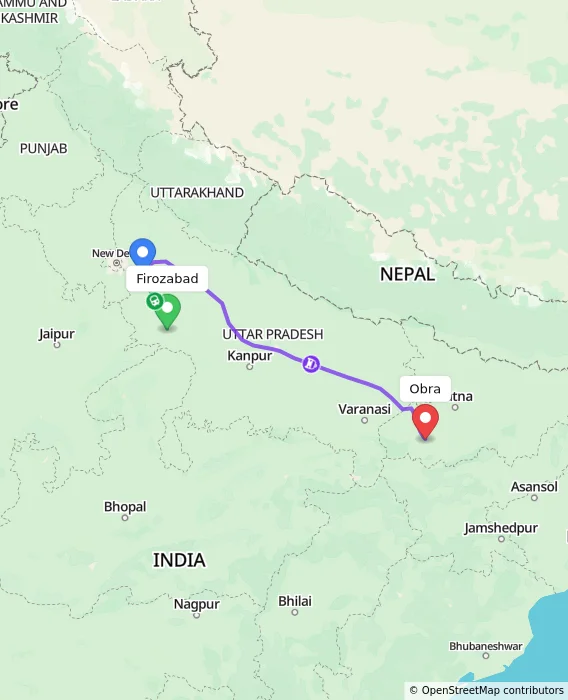 Route map showing distance and travel time from Firozabad, India to Obra, India