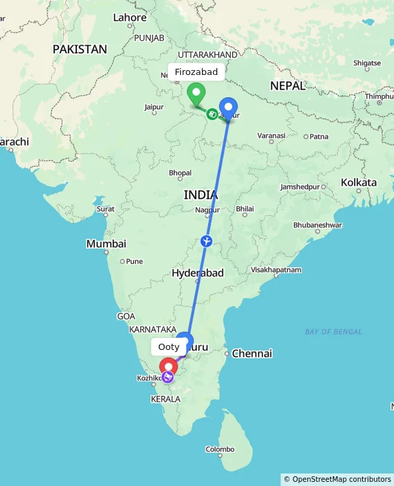 Route map showing distance and travel time from Firozabad, India to Ooty, India