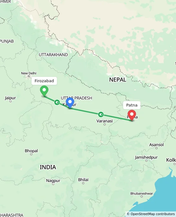 Route map showing distance and travel time from Firozabad, India to Patna, India