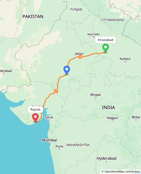 Route map showing distance and travel time from Firozabad, India to Rajula, India
