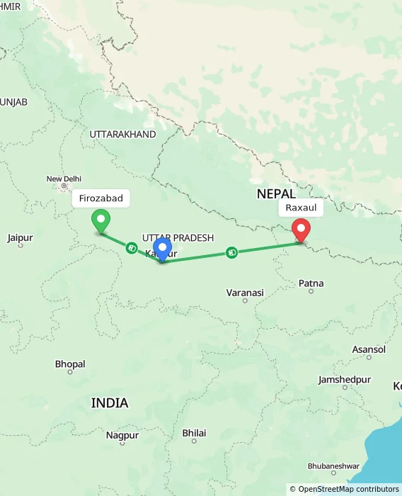 Route map showing distance and travel time from Firozabad, India to Raxaul, India