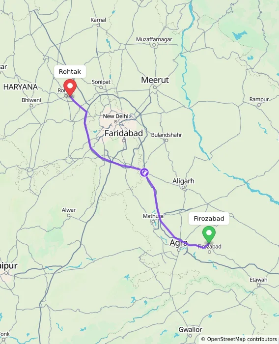 Route map showing distance and travel time from Firozabad, India to Rohtak, India