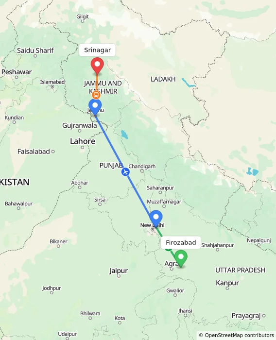 Route map showing distance and travel time from Firozabad, India to Srinagar, India