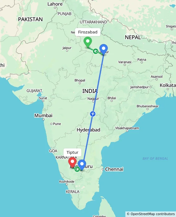 Route map showing distance and travel time from Firozabad, India to Tiptur, India