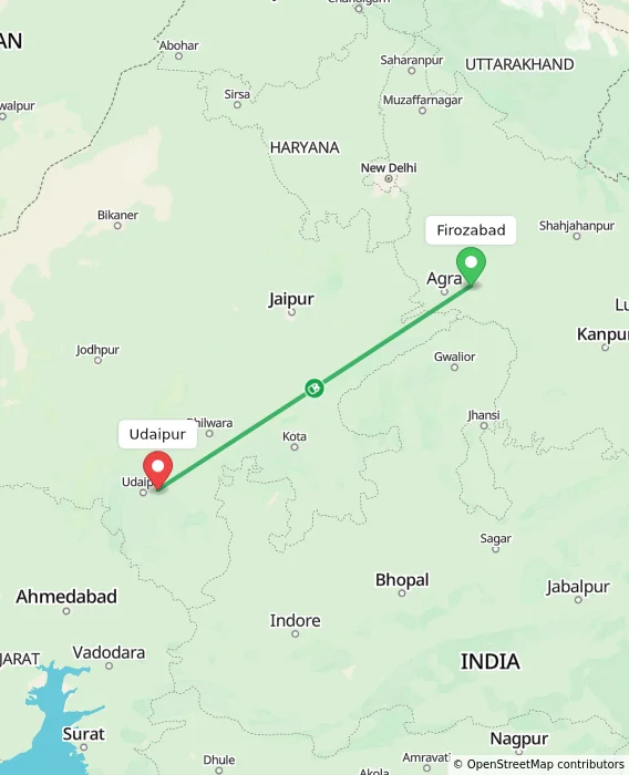 Route map showing distance and travel time from Firozabad, India to Udaipur, India