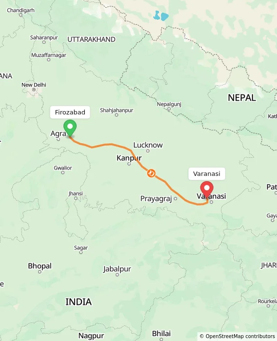 Route map showing distance and travel time from Firozabad, India to Varanasi, India