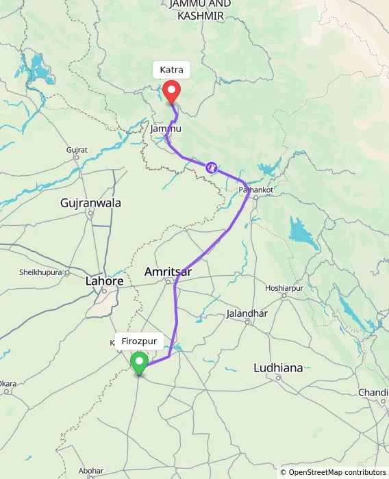 Route map showing distance and travel time from Firozpur, India to Katra, India