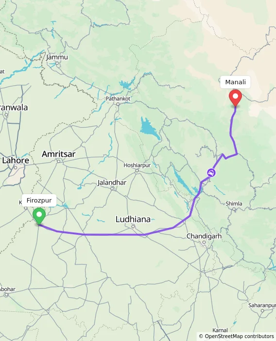 Route map showing distance and travel time from Firozpur, India to Manali, India
