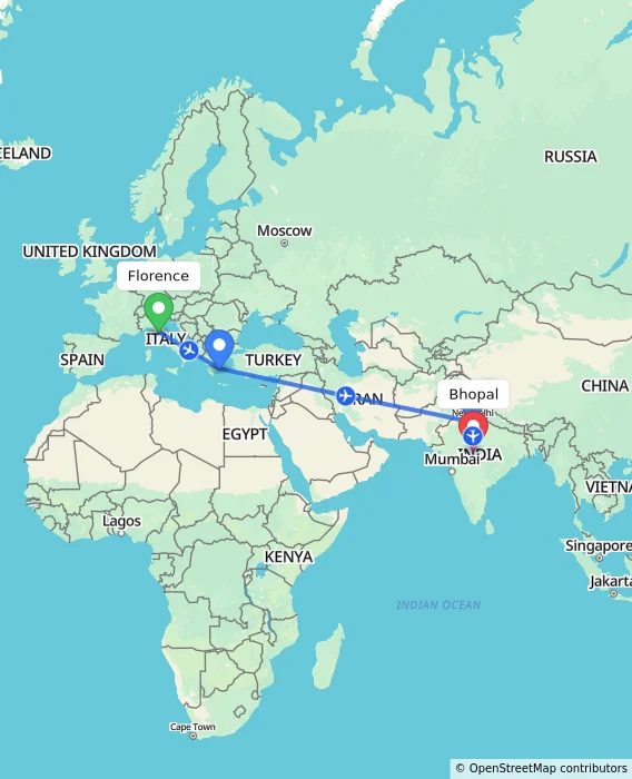 Route map showing distance and travel time from Florence, Italy to Bhopal, India