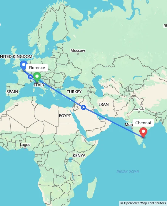 Route map showing distance and travel time from Florence, Italy to Chennai, India