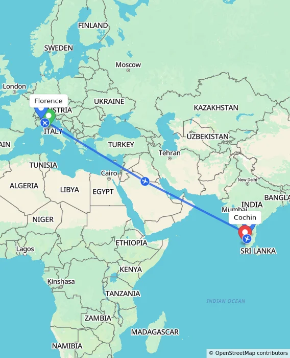 Route map showing distance and travel time from Florence, Italy to Cochin, India