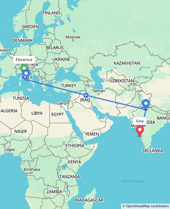 Route map showing distance and travel time from Florence, Italy to Goa, India